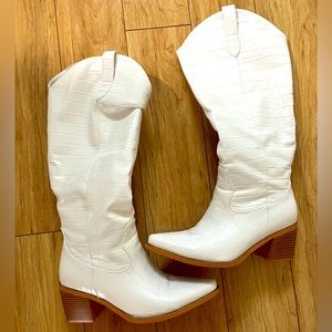 Pasuot White Knee High Cowboy Boots
